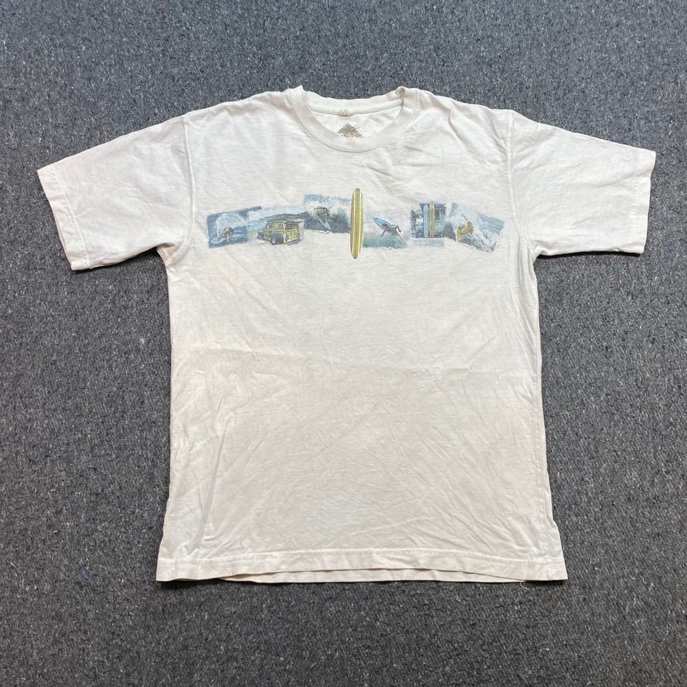 Newport Blue Surf Graphic TShirt Sz S Mens Cream Skater Retro Woodie Wagon Tee